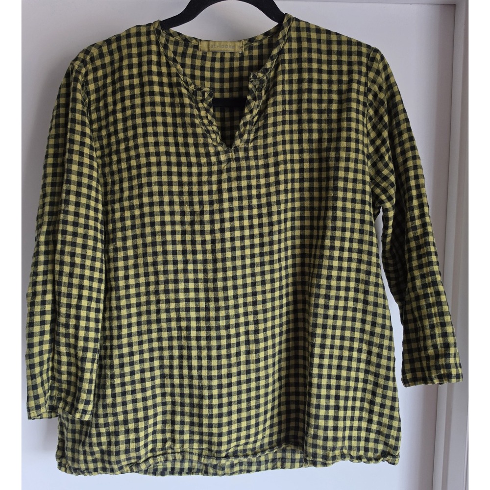 Cut Loose Linen Blouse Size S Yellow Black Gingham 3/4 Sleeve Split Neck Top VTG